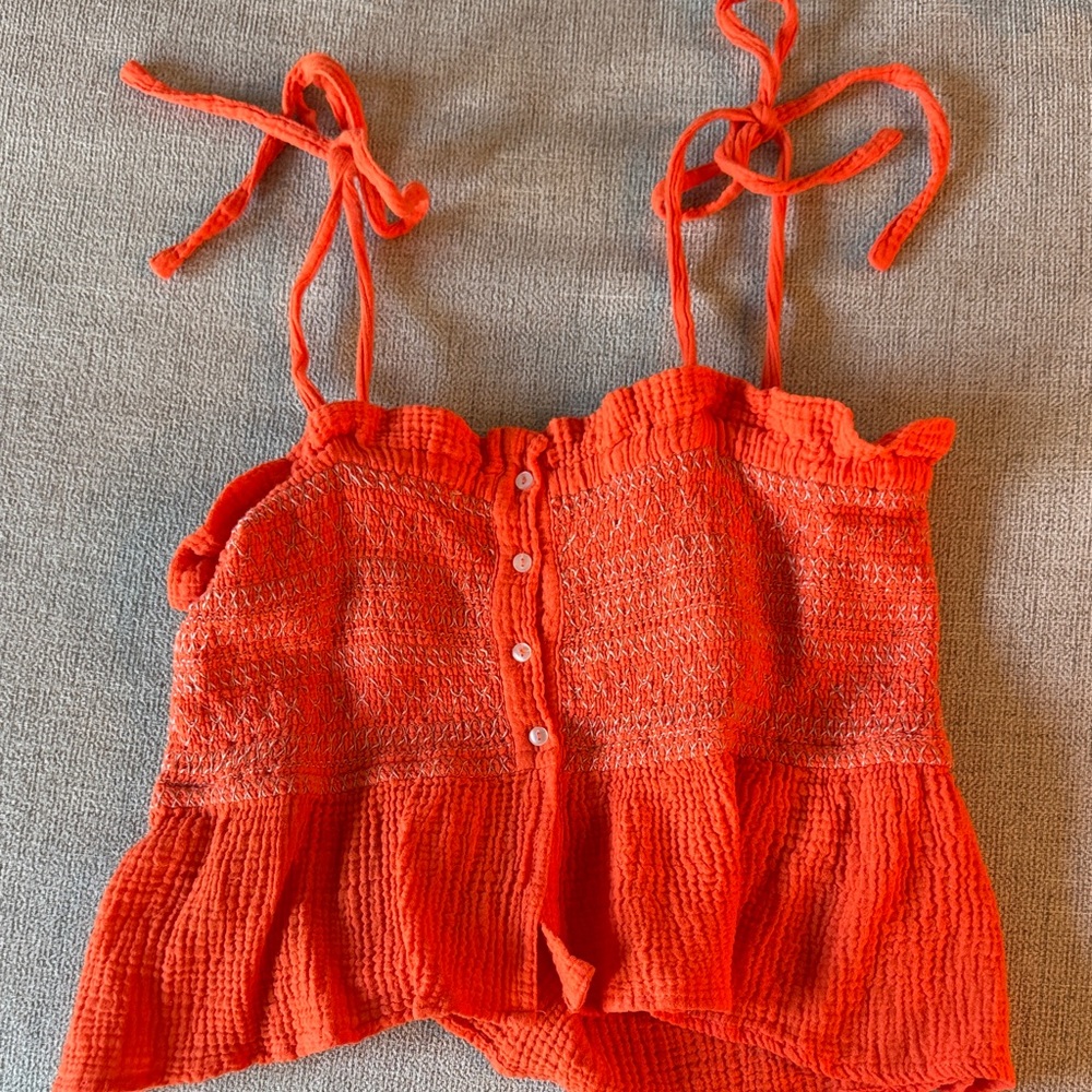 Bright Orange Tie-Shoulder Smocked Sundress